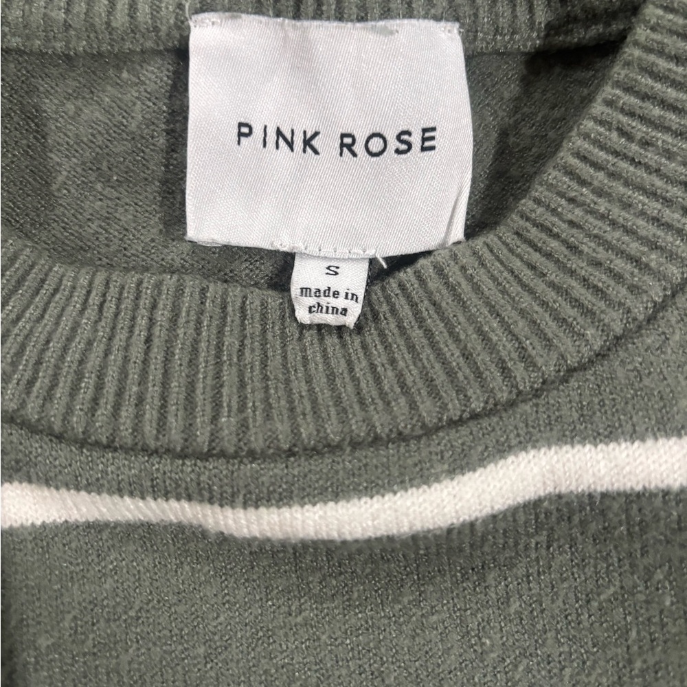 Preppy Striped Pink Rose Crop Knit Sweater Womens Small Olive Green - Picture 3 of 5